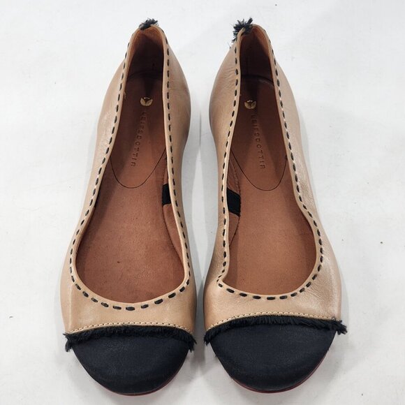 LEIFSDOTTIR NWOB Tan Black Leather Fringed Cap Toe Ballet Flats - Picture 3 of 7